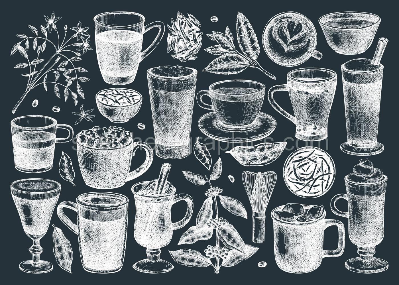 Bar menu design elements. Vector collection hot drinks on chalkboard. Hand-sketched tea, mulled wine, coffee, hot chocolate and ingredients illustrations. Popular beverages for brands, menu, packaging Illustration